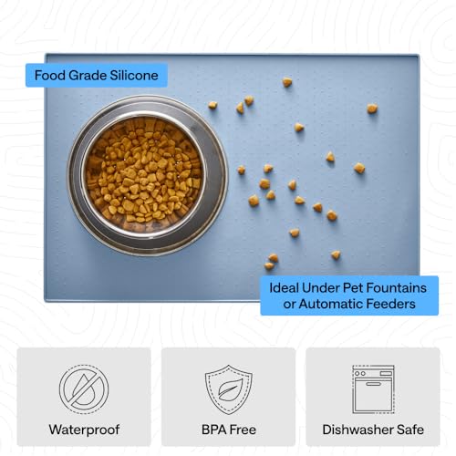 Dog Food Mat 100% Waterproof Silicone (Light Blue / 26"l X 17"w)