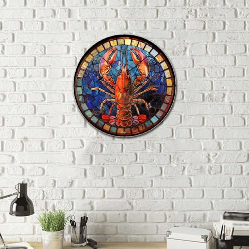 Metal Sign Tin Sign Circular Stained Glass Lobster Gardening Decor Gift for Garage 12×12 Inches (12×12 Inches / Lobster)
