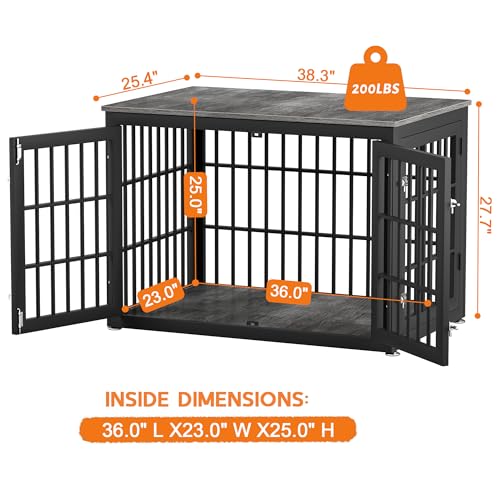 38" Heavy Duty Dog Crate Furniture for Large and Medium Dogs (Black + Gray / 38.3"L x 25.4"W x 27.7"H)