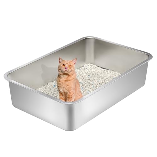 Extra Large Stainless Steel Cat Litter Box with High Sides (23.6" L x 15.7" W x 10" H (with Lid))