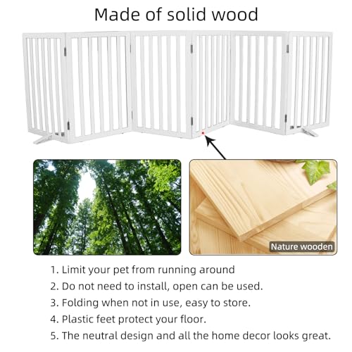 Freestanding Indoor Dog Gate for House Foldable Wood White Puppy Gate for Doorways Pet Gate for Stairs Extra Wide Pet Fence 32" Height 6 Panels (White / 【6 Panels】120''w x 32''h)