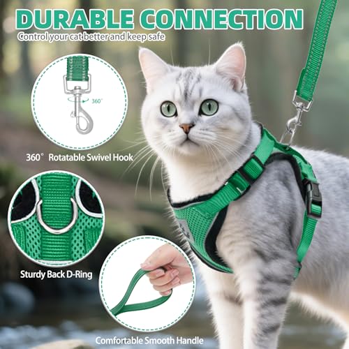 Cat Harness and Leash Set Escape Proof Reflective Cat Walking Harness Adjustable Soft Breathable Mesh Vest for Small Pets (M (NECK 11"-13.7", CHEST 16"-20") / Dark Green)
