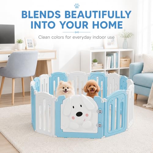 Puppy Play Pen for Indoors with Cute Dog Pattern Door (blue&white / 10 Fence Panels+1 Door)