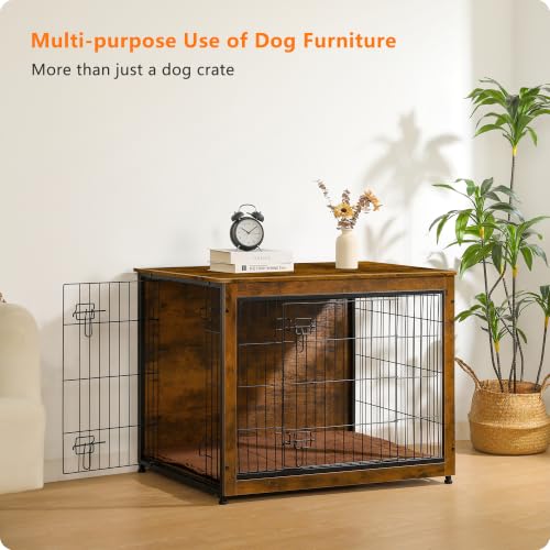 38.5" XL Dog Crate Furniture with Cushion (Rustic Brown / 38.5"L x 25.6"W x 26.8"H)