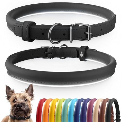 Tangle Free Reflective Leather Dog Collar (Black / XS)