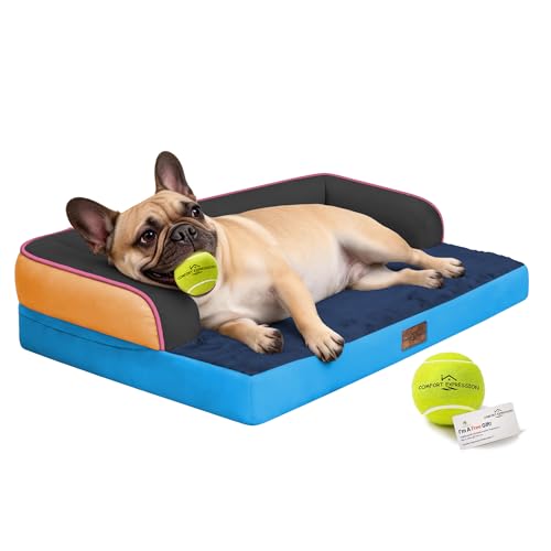 Washable Dog Bed with Bolster for Medium to Large Dogs (Blue Ember / 36"L x 27"W x 7.5"Th)