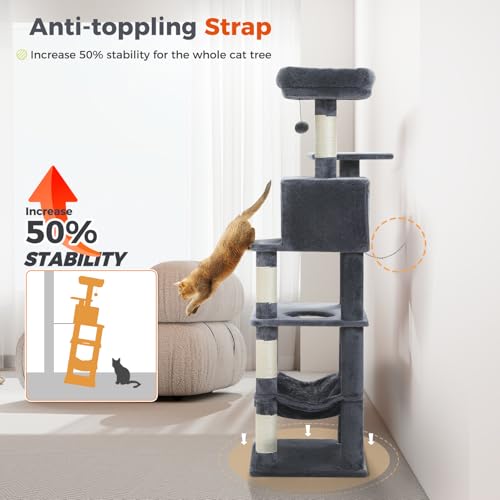 56.3in Multi Level Cat Tree for Indoor Cats (Smoky Grey / Air(19.7"L x 15.8"W x 56.3"H))