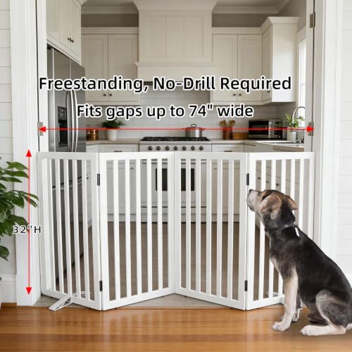 Freestanding Indoor Dog Gate for House Foldable Wood White Puppy Gate for Doorways Pet Gate for Stairs Extra Wide Pet Fence 32" Height 4 Panels (White / 【4 Panels】80''w x 32''h)