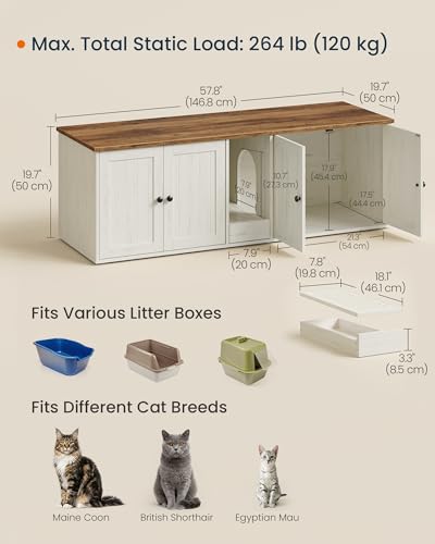 Toolless Assembly Litter Box Enclosure (Rustic White + Honey Brown / XXL (57.8"L x 19.7"W x 19.7"H))