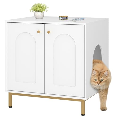Cat Litter Box Enclosure (23.6"L x 19.7"W x 24"H / White and Gold)