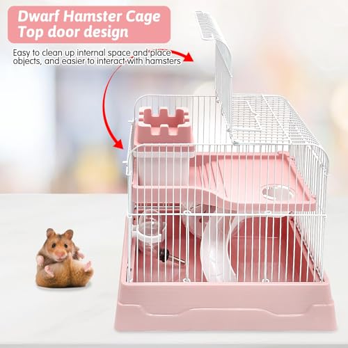 2 Tier Dwarf Hamster Cage (M: 11.7x8.7x9.8in / Pink)