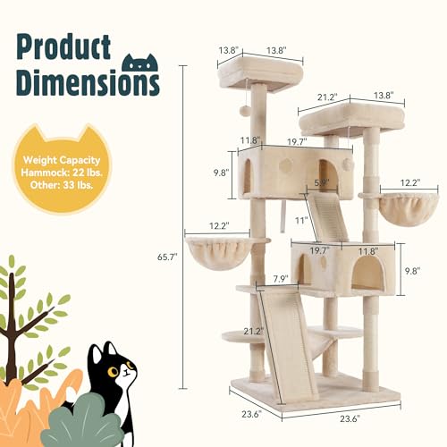 65in Multi Level Large Cat Tree Tower for Indoor Kitties (Beige)