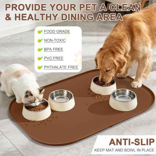Waterproof Silicone Pet Food Mat with Raised Edge for Dog & Cat (Brown / 36"L x 24"W)