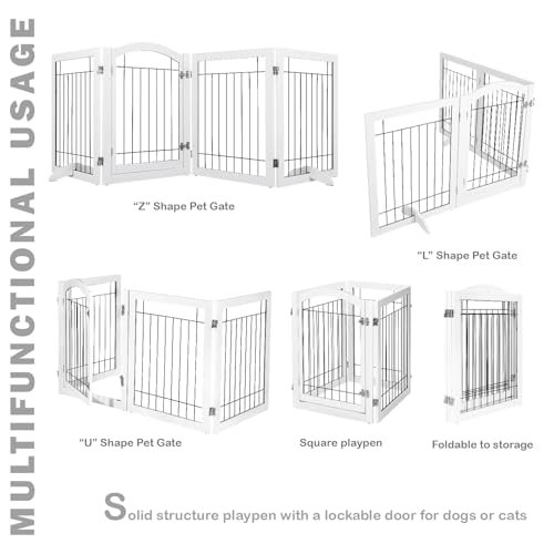 Freestanding Foldable Dog Gate Indoor with Door (White / 【4 Panels with Door】96"W x 30"H)
