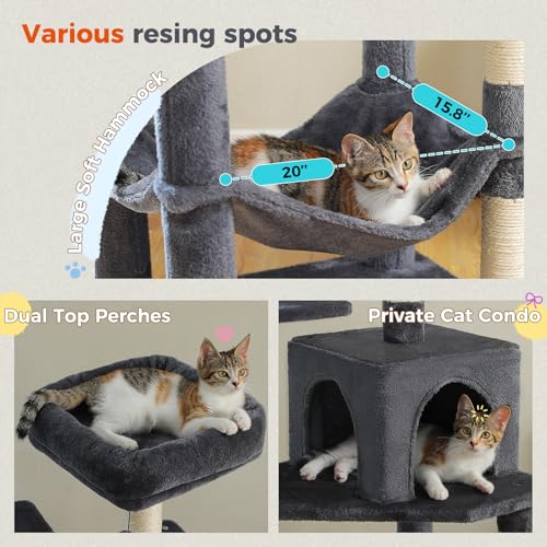 56.3in Multi Level Cat Tree for Indoor Cats (Smoky Grey / Air(19.7"L x 15.8"W x 56.3"H))