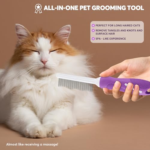 Detangling Pet Comb for Dogs & Cats with Long & Short Stainless Steel Metal Teeth for Removes Tangles and Knots
