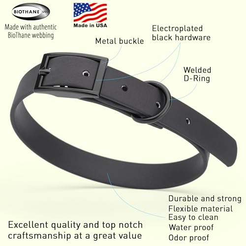 Biothane Waterproof Dog Collar Strong Coated Nylon Webbing with Black Hardware Odor (W5/8" x L12-15" / Black)