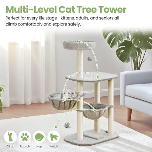 Small Cat Tree Tower with Lots of Scratching Posts (42 inches / Light Grey1)