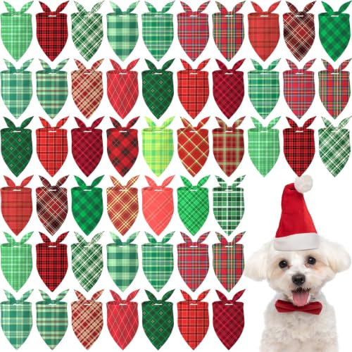 50 Pcs Christmas Plaid Dog Bandanas Bulk (Red Green Plaid / 19.7 x 13.8 x 13.8'')