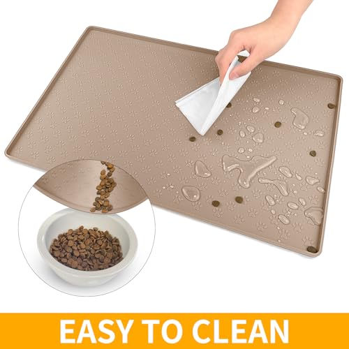 Dog Food Mat Waterproof Pet Bowl Mats with High Lips (24.5"L x 16.5"W / Taupe)