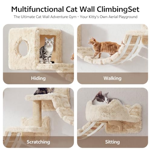 9-in-1 Cat Wall Shelves, Cat Wall Furniture Set with Bridge, Beige (Beige / 9-in-1)