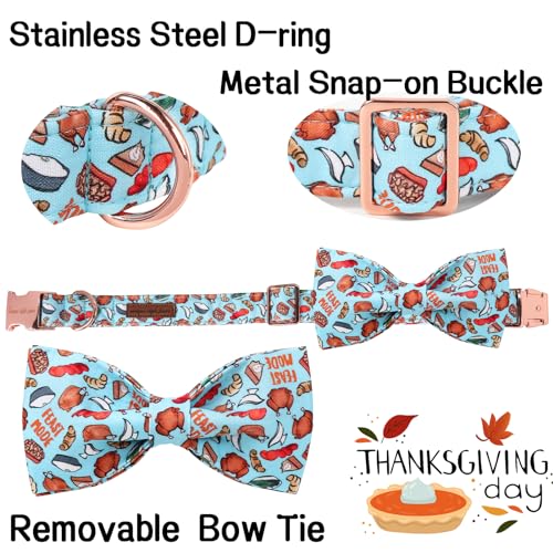 Thanksgiving Day Dog Collar with Bow Blue Turkey Cotton Puppy Collars for Small Medium Large Dogs (Extra Small / turkey bow)