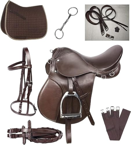 Leather English Riding Horse Saddle Starter Kit Brown Saddle 7 Pcs Combo Pack (Size 15)