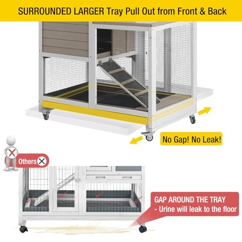 Upgrade Rabbit Cage Indoor Bunny Hutch with Run with Two Deeper No Leak Trays (Mocca / 40.6"L x 26.0"W x 37.6"H)