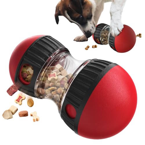 Dog Food Puzzle Toy Adjustable Treat Dispensing Food Dispenser Slow Feeder Bowls Puppy Enrichment Toy Ball Dog Interactive Chase Training Toys for Small Medium Large Dogs (Red - Single - Standard)