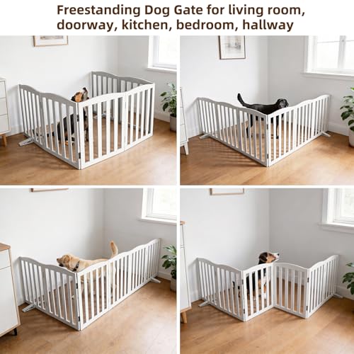 Foldable Freestanding Indoor Dog Gate for House Wood White Long Pet Gates Dog Fence for Stairs Puppy Gates for Hallways (White / 【6 Panels】120''w X 32''h)