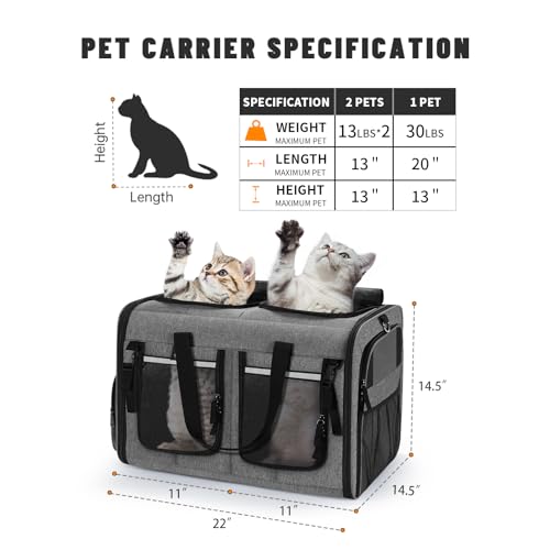 Cat Carrier for 2 Cats (Gray+ with Big Pocket)