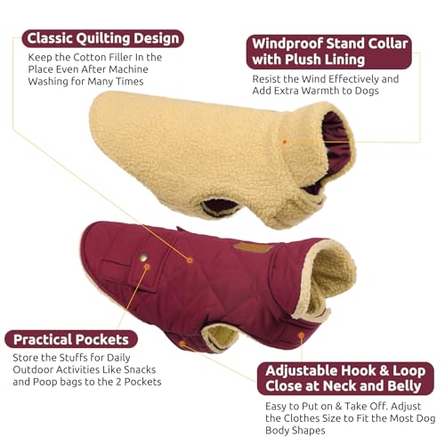 XS Waterproof Dog Winter Coat Plush Lining Warm Puffer Jacket (X-Small / Burgundy)