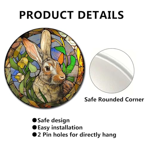 Metal Sign Tin Sign Circular Stained Glass Rabbit Metal Garden Sign for Pet 12×12 Inches (12×12 Inches / Rabbit)