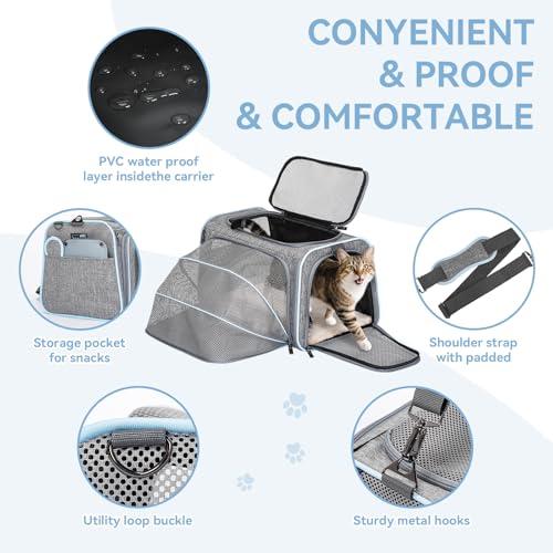 Small Expandable Cat Carrier for Air Travel (16.0"L x 10.0"W x 9.0"H / Light Gray)