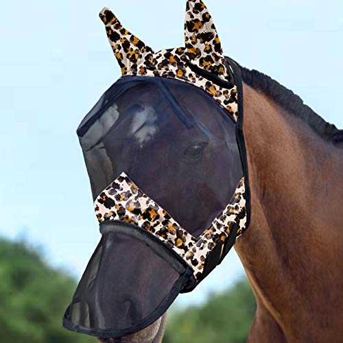 LumiVista Horse Fly Mask Long Nose with Ears UV Protection for Horse Leopard Print L Full Size (leopard print / Full (Large))