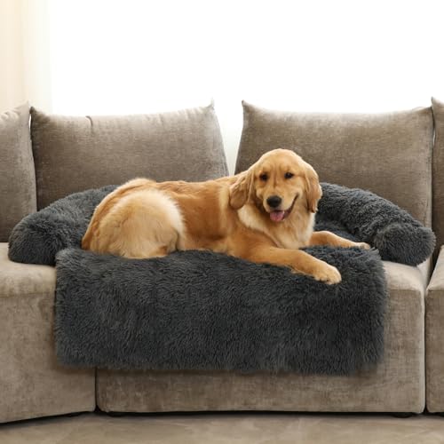 Calming Dog Bed Fluffy Plush Dog Mat for Furniture Protector with Removable Washable Cover for Large Medium Small Dogs and Cats (Dark Grey / 53.0"L x 39.3"W x 6.0"Th)