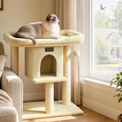 Cat Tree Tower Scratching Post for Indoor Large Adult Cats with Perch Bed (Beige / 28 Inches)