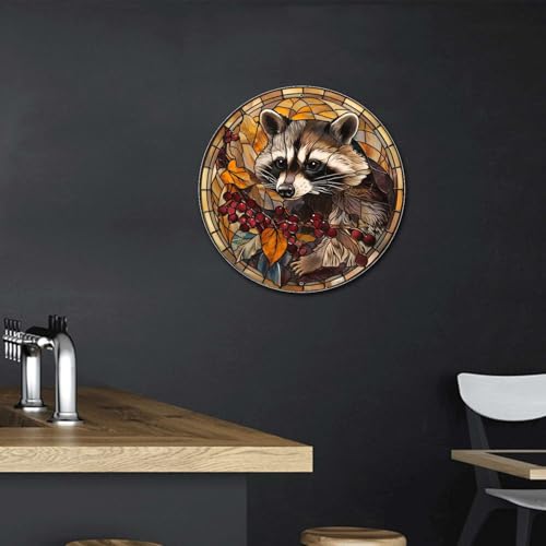 Metal Sign Tin Sign Circular Stained Glass Raccoon Minimalist Wall Art for Garage 8×8 Inches (8×8 Inches / Raccoon-1)