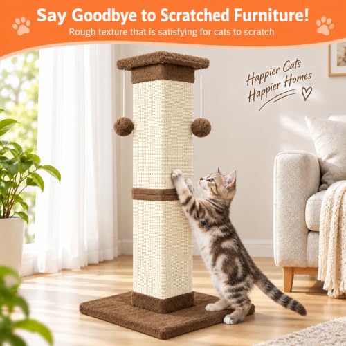 Cat Scratching Post 33 Inch Nature Sisal Cat Scratch Post for Indoor Cats (Brown)