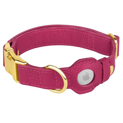 Leather Airtag Dog Collar (Pink / L, 17"-21" Neck Fit)