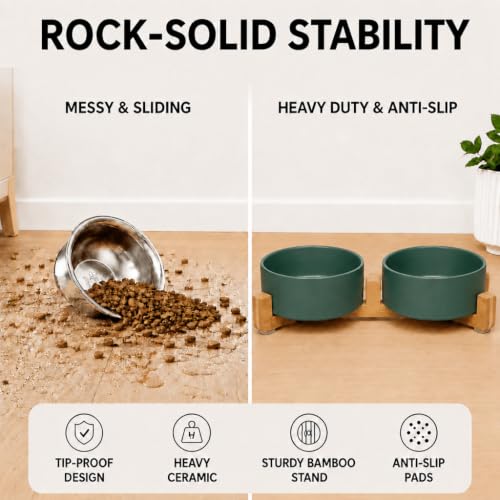 Ceramic Dog and Cat Bowl Set with Wooden Stand (7.6 cups / Green × 2)
