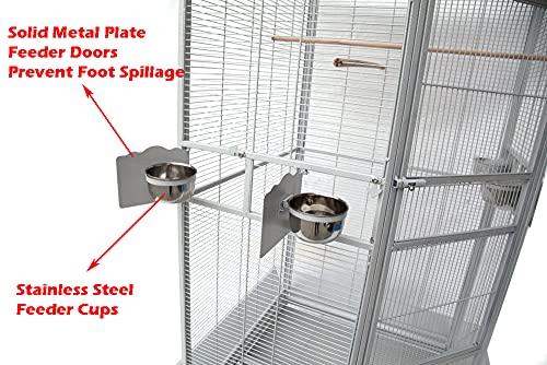 64" Extra Large Corner Bird Flight Breeding Wrought Iron Rolling Parrot Cage Side Solid Metal Plate Feed Doors Pull Out Removable Grate and Tray with Around Metal Seed Guard (30" x 30" x 63.5"H / Black Vein)