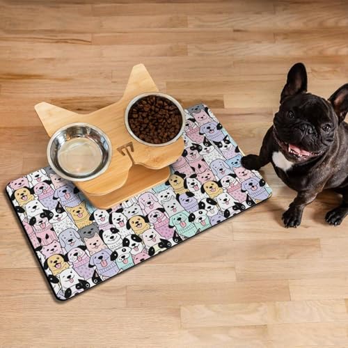 Pet Feeding Mat for Floors Cat Food Mat Waterproof Dog Food Mat and Water Absorbent Quick Dry Non Slip Mat for Cat Bowls (20"L x 12"W / ColorfulDog)