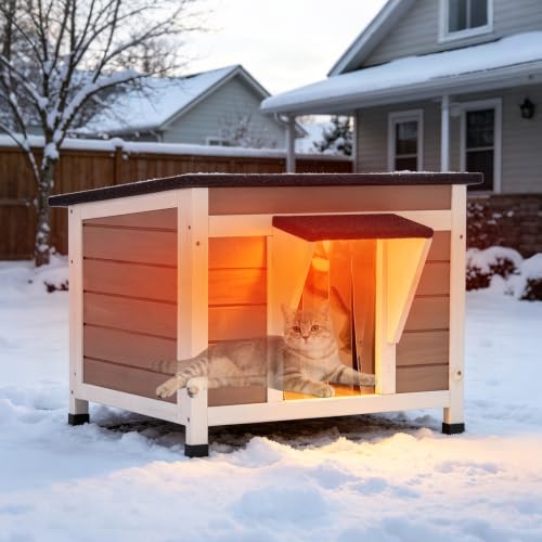 Outdoor Cat House Weatherproof Feral Kitty Shelter for Winter Cat Condo with Large Opening Roof (Compact Cat House - 23.6"W)