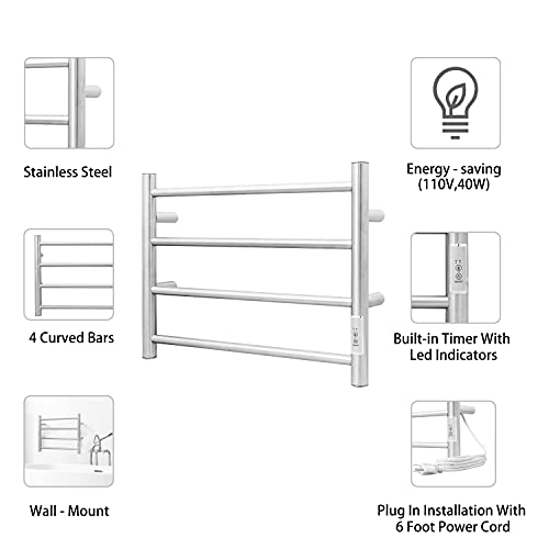 Towel Warmer Wall Mounted with Built (4 Bars / Round-brushed Nickel)