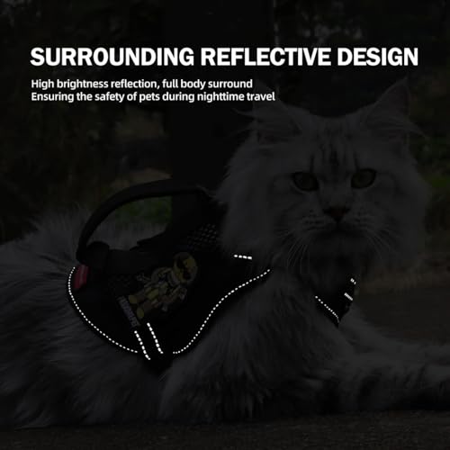 Cat Harness and Leash Set for Walking Escape Proof Adjustable Reflective Large Cat Tactical Harness with Patches Breathable Summer Vest Soft Mesh Padding Handle Easy to Control (Black / M)