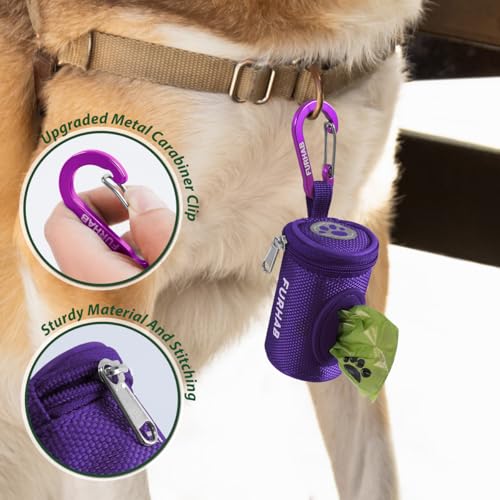 Dog Poop Bag Holder for Leash with Carabiner Clip Soft Fabric (Purple)