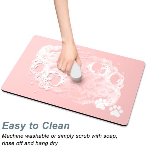 Dog Food Mat 12" x 19" Footprint Absorbent Dog Cat Bowl Mat for Food and Water (A-Pink Footprint / 12"L x 19"W)