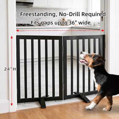Freestanding Indoor Dog Gate for House Foldable Wood Puppy Gate for Doorways Pet Gate for Stairs Extra Wide Pet Fence (Black / 【2 Panels】40''w x 24''h)