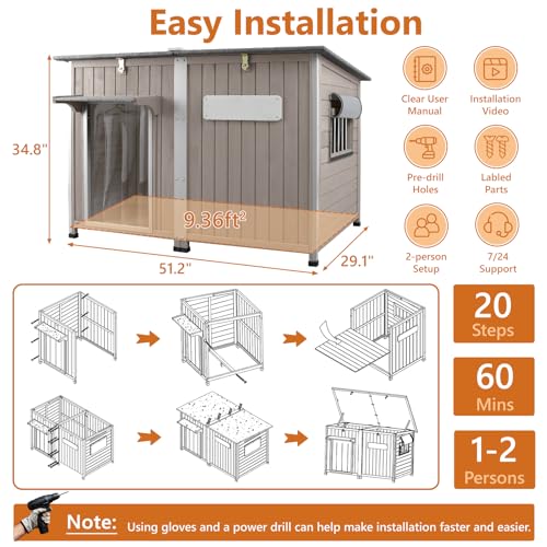 55" Extra XL Wooden Outdoor Dog House with Iron Frame for Large Dogs